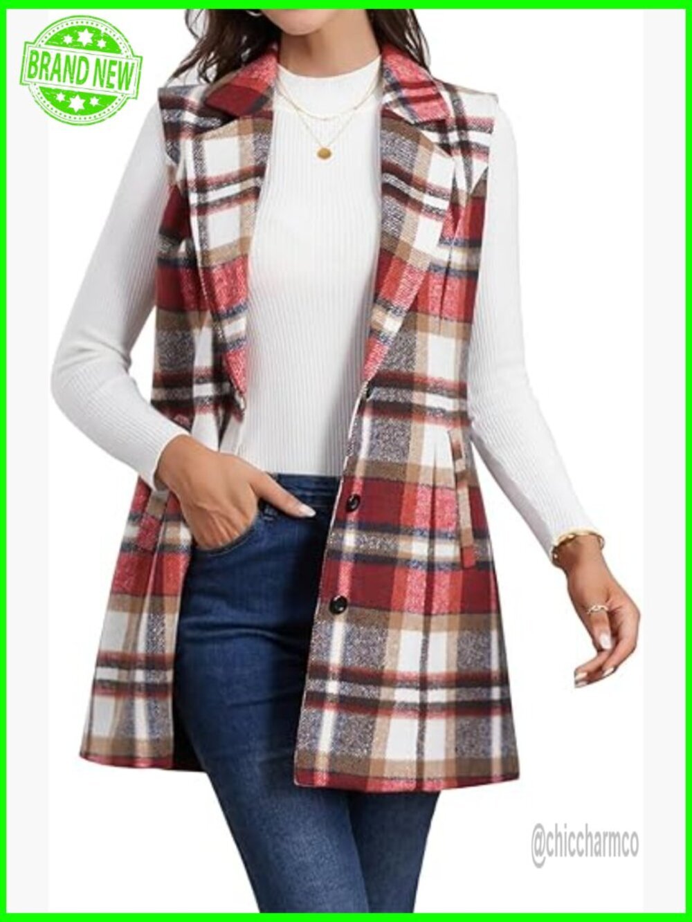 Wool Plaid Long Vest Sleeveless Blazer Jacket Lapel Fall Winter Outerwear